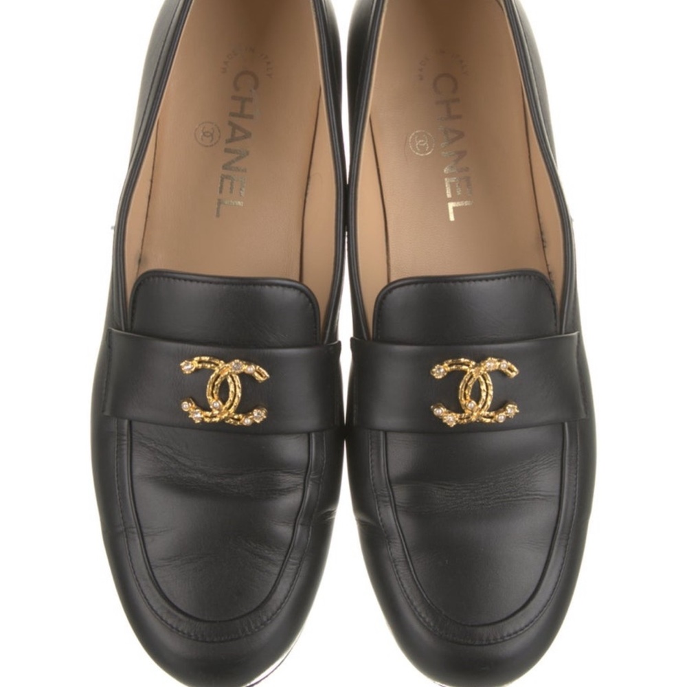 CHANEL Black Leather Loafers with Gold Accent
